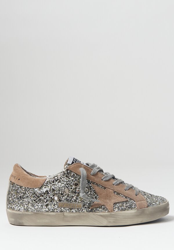 Golden Goose Glitter & Suede Superstar Sneaker in Silver and Tan	