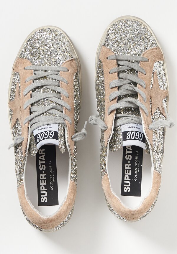Golden Goose Glitter & Suede Superstar Sneaker in Silver and Tan	