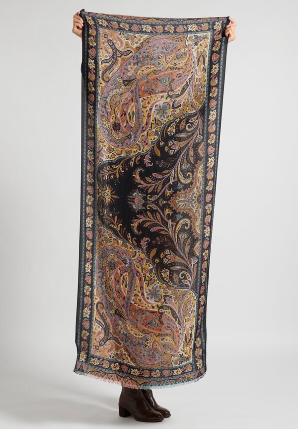Etro Cashmere/Silk Paisley Scarf in Black/Gold