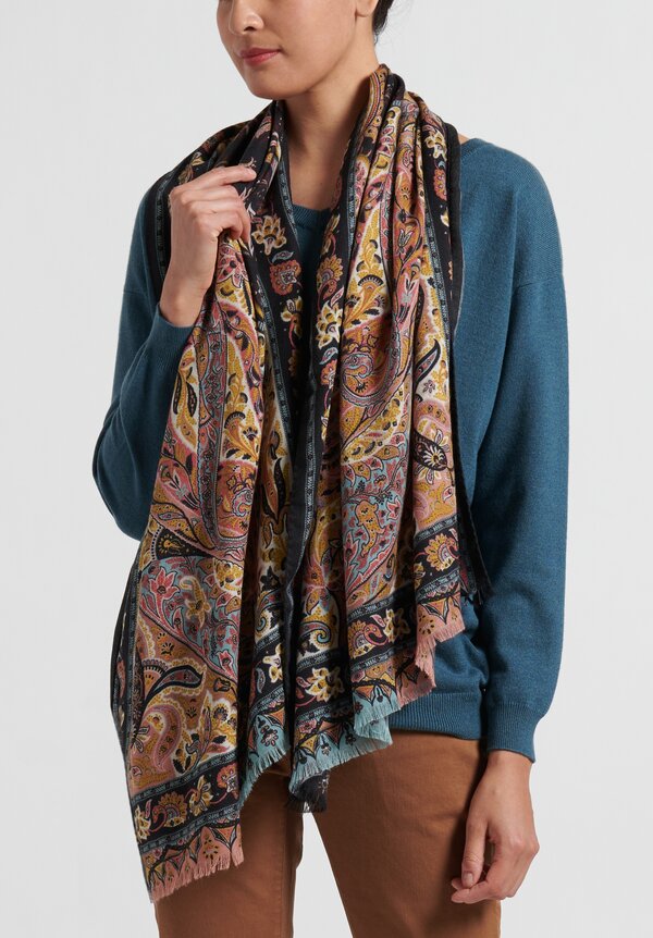 Etro Cashmere/Silk Paisley Scarf in Black/Gold