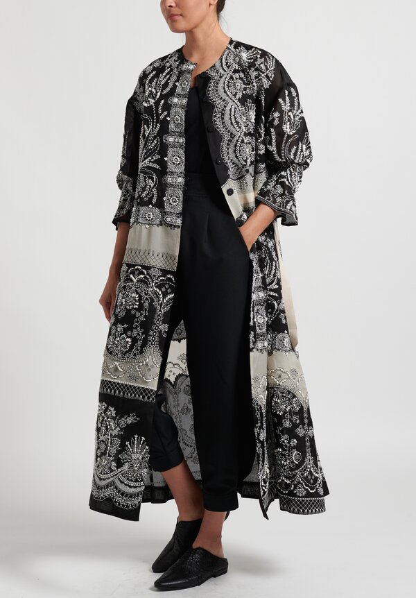 Biyan Rellai Embroidered Organza Silk A-Line Coat in Black and Beige	