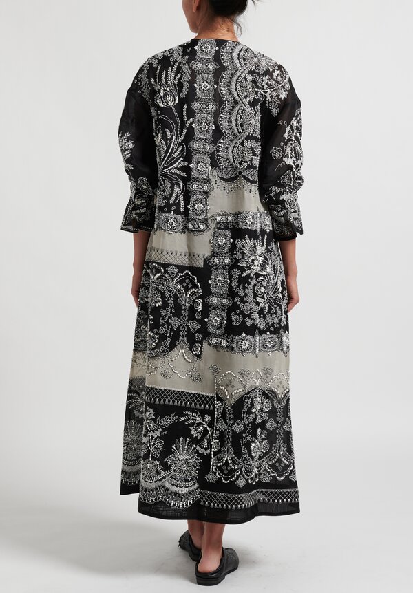Biyan Rellai Embroidered Organza Silk A-Line Coat in Black and Beige	