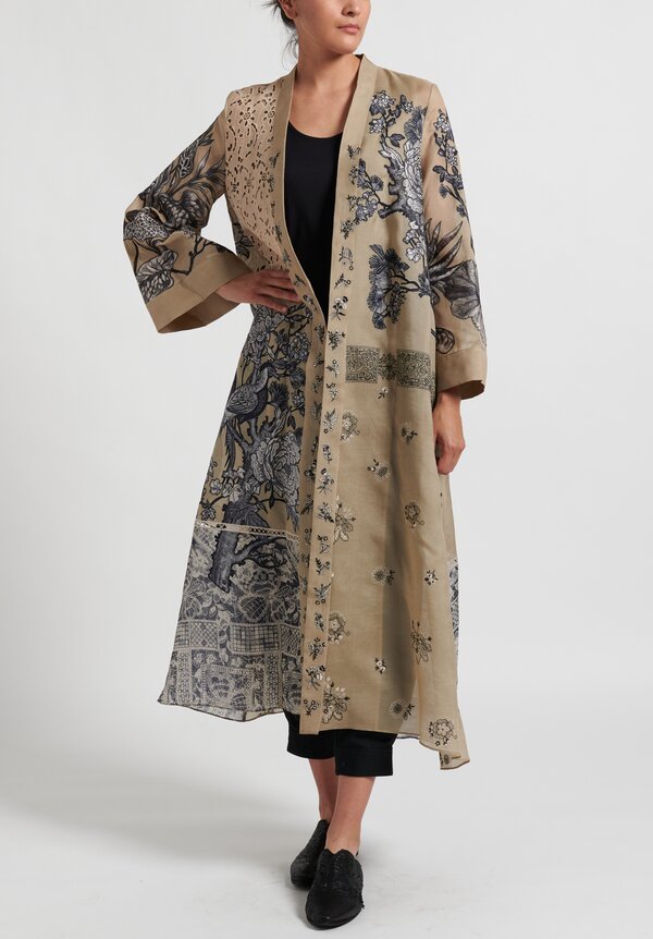 Biyan Roggia Silk Organza Mozaic Print Coat in Khaki | Santa Fe Dry ...