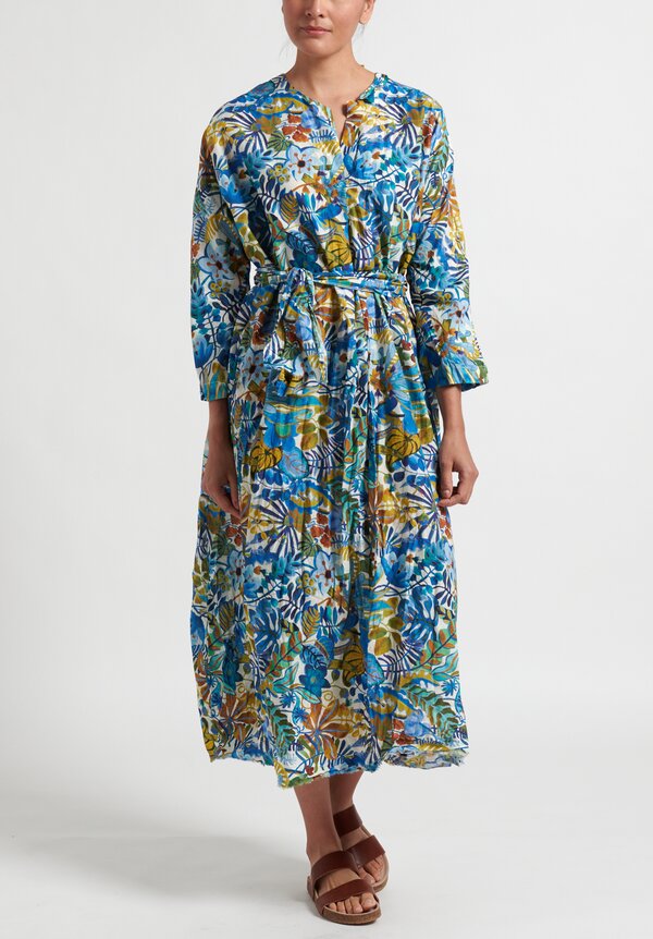Daniela Gregis Cotton Oversize Chicory Washed Dress in White/Leaves Blue Flowers