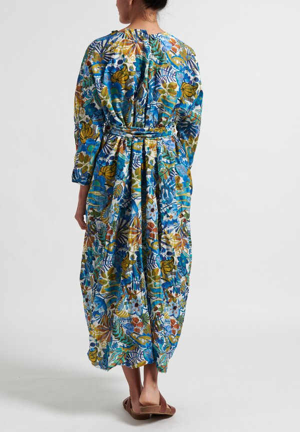 Daniela Gregis Cotton Oversize Chicory Washed Dress in White/Leaves Blue Flowers
