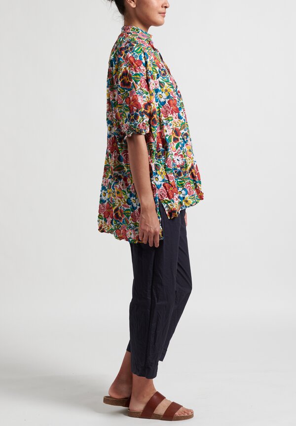 Daniela Gregis Washed Printed Kora Top in White, Blue, Red & Yellow Flowers