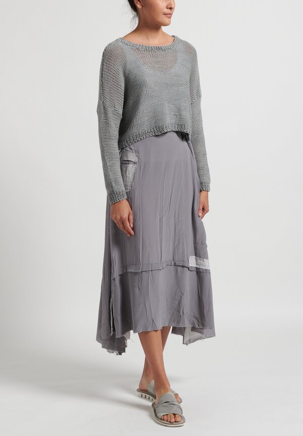 Umit Unal Long Patchwork Silk Skirt in Light Gray	