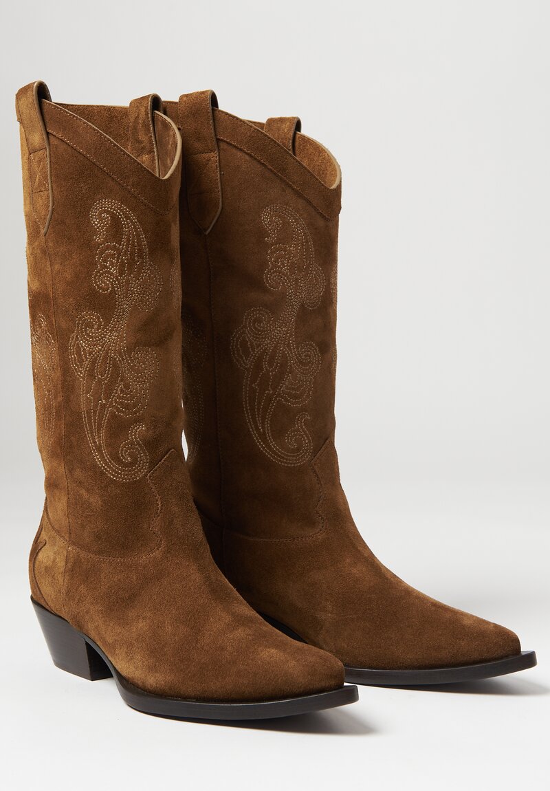 Etro Paisley Embroidered Suede Boots in Brown