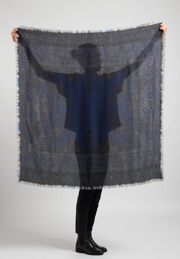 Etro Cashmere/Silk Fringed Paisley Scarf in Blue	