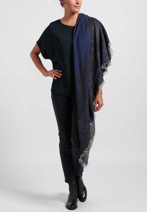 Etro Cashmere/Silk Fringed Paisley Scarf in Blue	