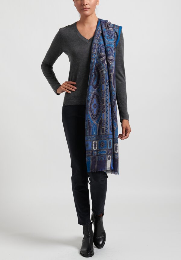Etro Cashmere/Silk Intricate Paisley Pattern Scarf in Blue	