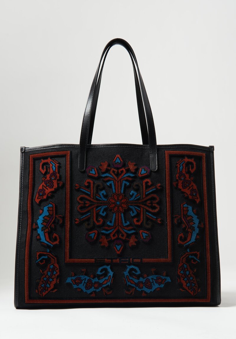 Etro Embroidered Wool and Leather Shopping Bag in Red, Blue & Black	