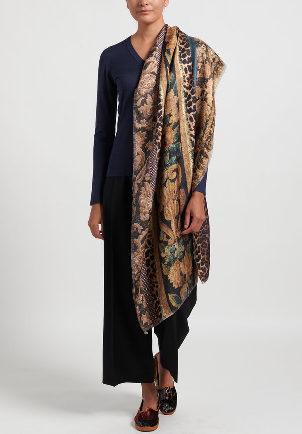 Pierre Louis Mascia Silk Frayed Tapestry Scarf in Brown	