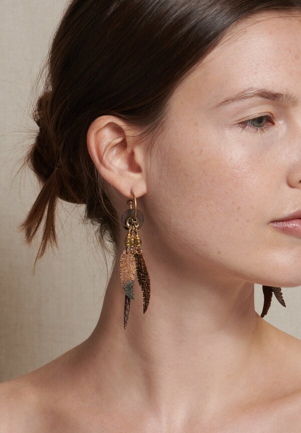 Pamela Adger Carved Woolly Mammoth Feather Charm Brass Hoop Earrings	