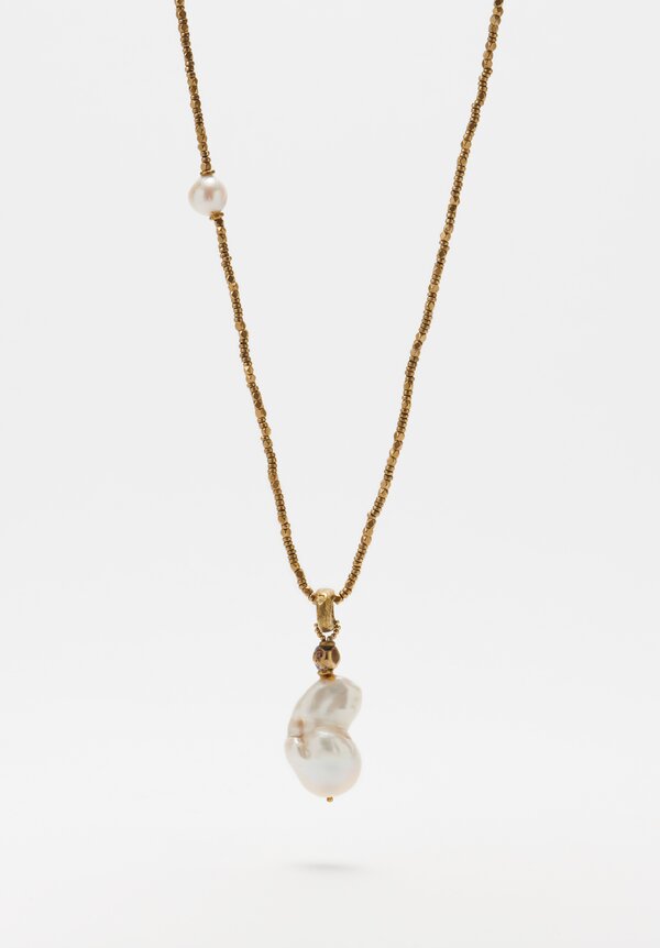 Pamela Adger Amber Pendant Fresh Water Pearl Brass Bead Necklace	