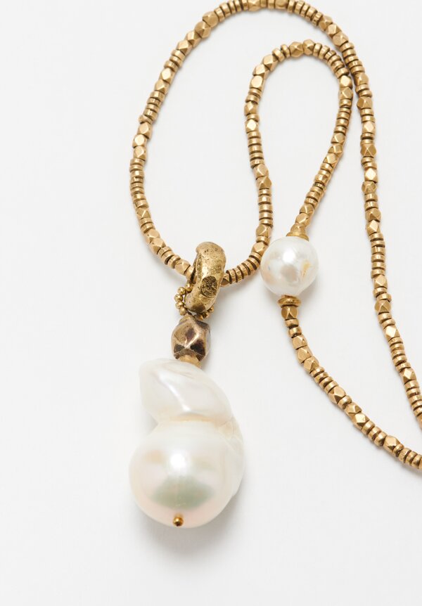 Pamela Adger Amber Pendant Fresh Water Pearl Brass Bead Necklace	