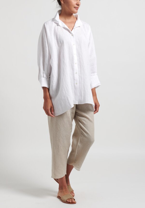 Shi Linen Oversize 3/4 Sleeve Double Collar Shirt in White