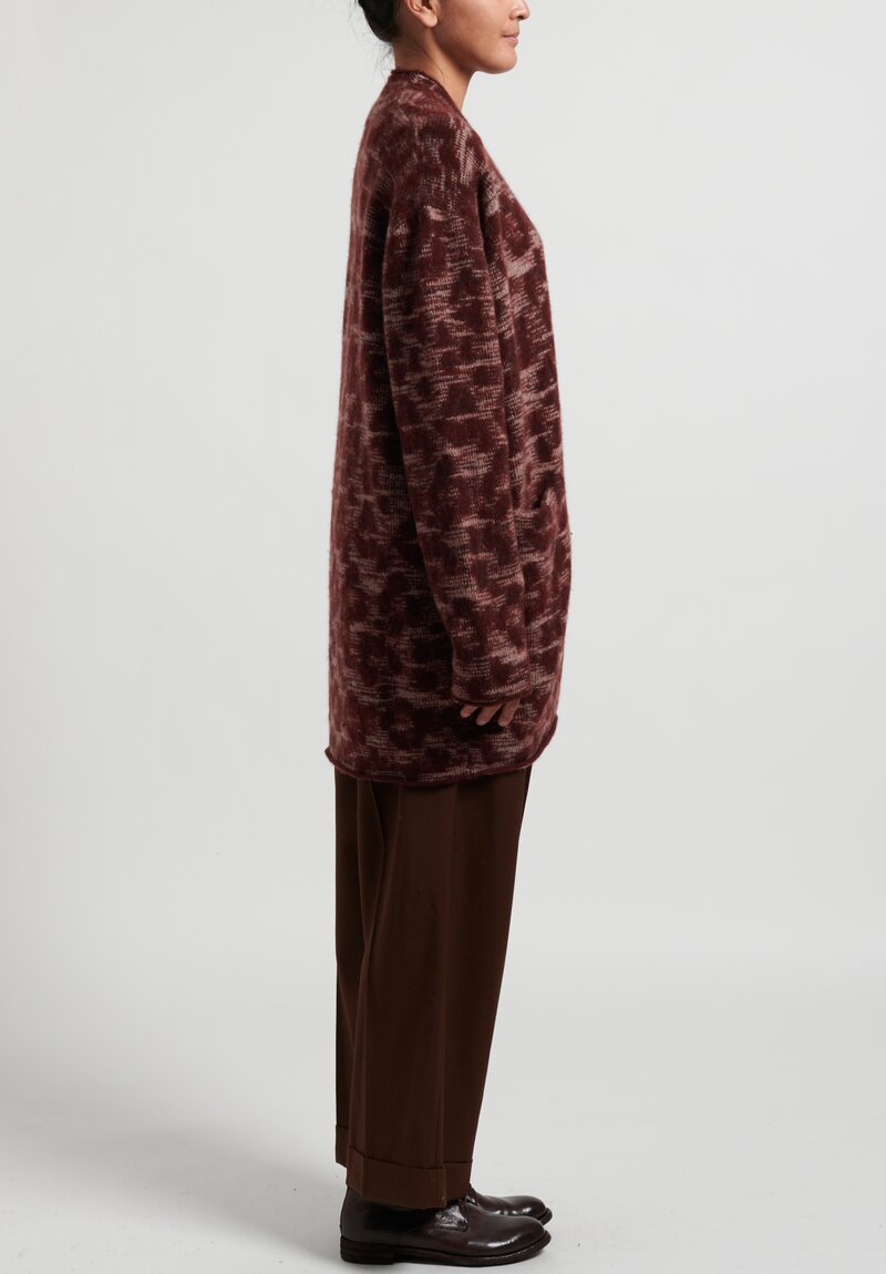 Lainey Cashmere Leopard Stitch Cardigan in Oatmeal Beige/Rust Red	