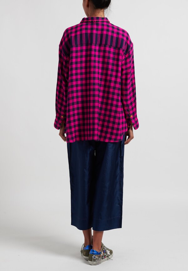 Pero Wool Oversize Thread Accent Collar Shirt	in Pink/Blue