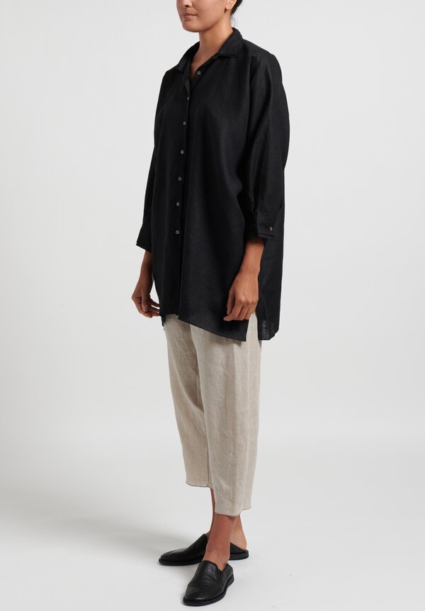Shi Linen 3/4 Sleeve Double Collar Blouse	in Black