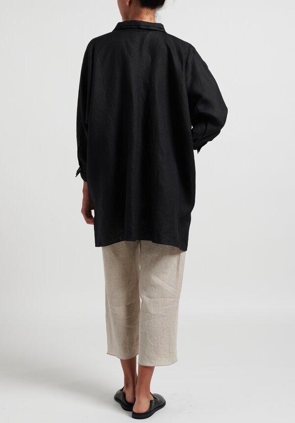 Shi Linen 3/4 Sleeve Double Collar Blouse	in Black