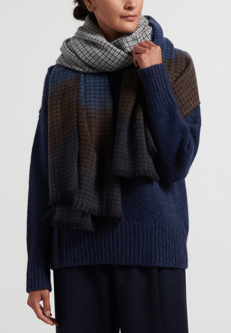 Alonpi Cashmere ''Dipinta A Mano'' Scarf in Blue/Brown Checkers	
