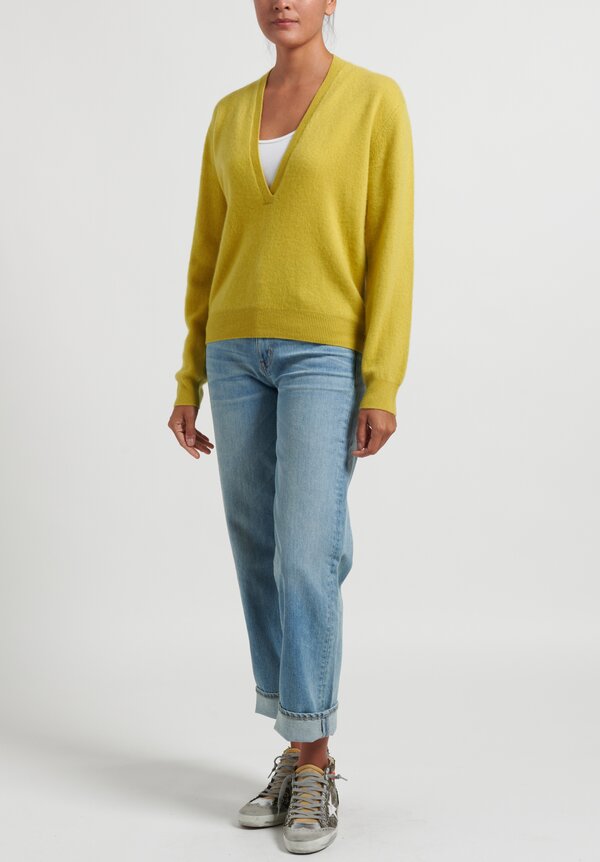 Frenckenberger Cashmere Mini Deep V Sweater in Celery Yellow	