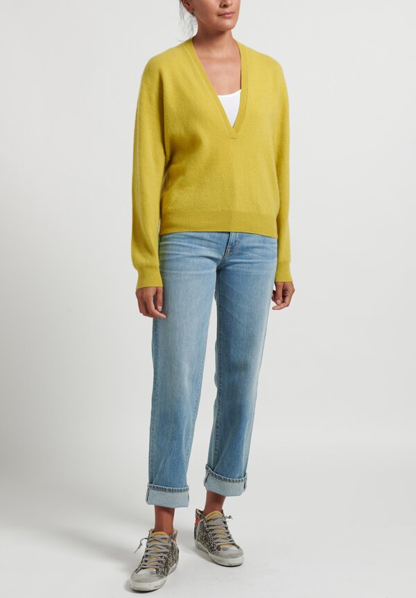 Frenckenberger Cashmere Mini Deep V Sweater in Celery Yellow	