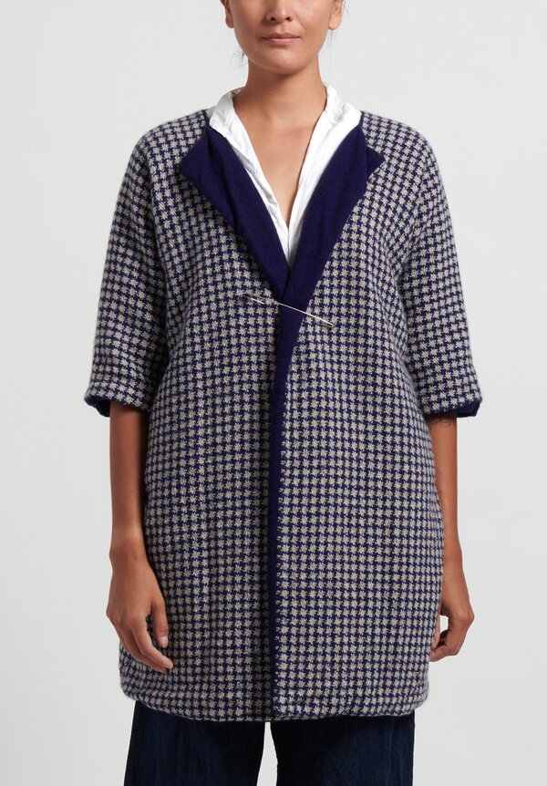 Daniela Gregis Cashmere Woven Checkers ''Cappotto'' Coat in Natural/Blue	