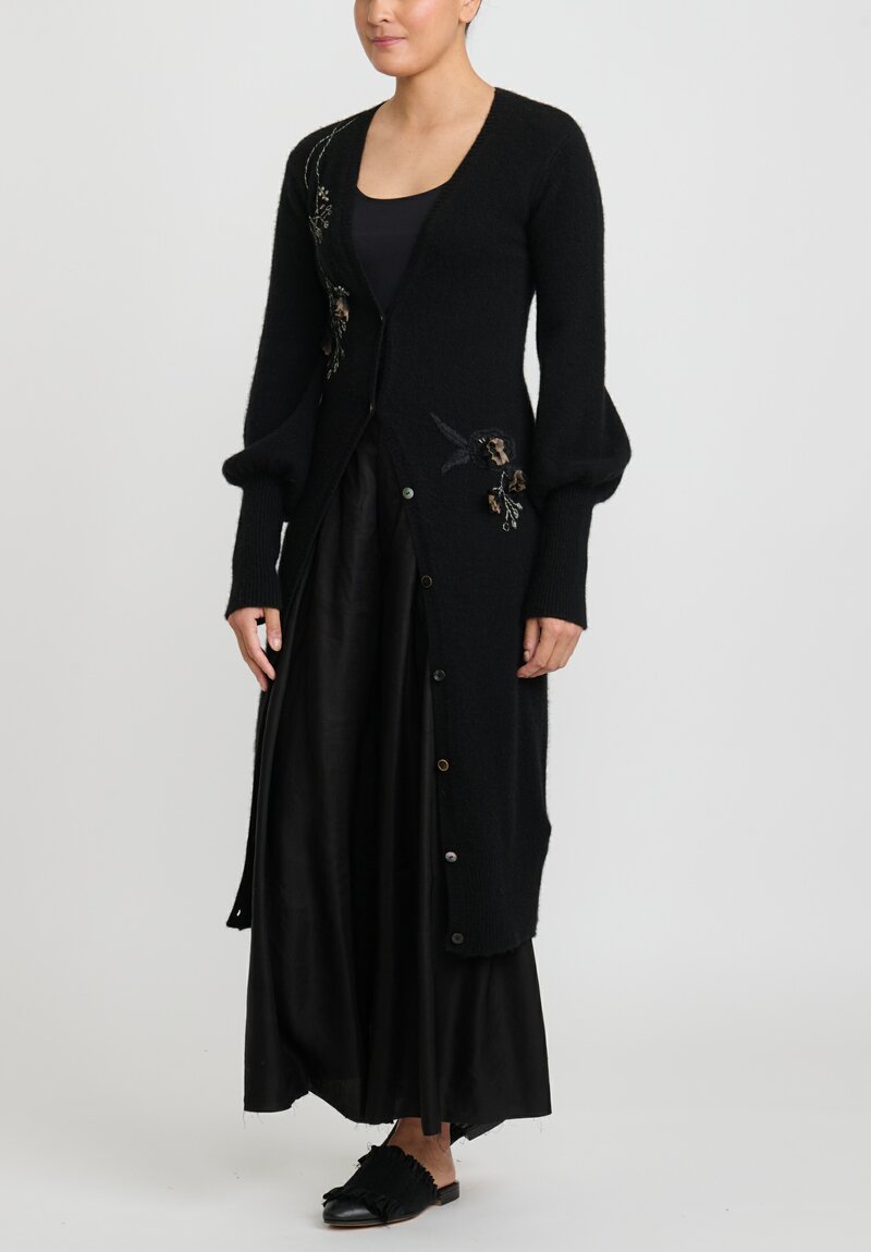 A Tentative Atelier Cashmere Embroidered ''Berthe D.'' Bishop Sleeve Cardigan in Black	