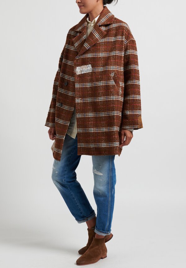 Umit Unal Wool Plaid Double Breasted Coat in Brown/Cream	
