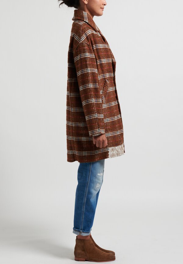 Umit Unal Wool Plaid Double Breasted Coat in Brown/Cream	