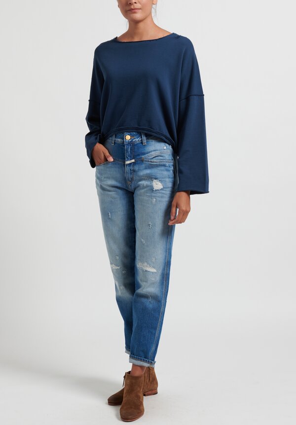 Umit Unal Collarless Exposed Seam Top in Dusty Blue	