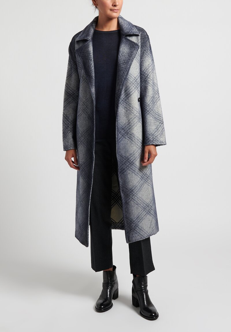 Avant Toi Wool/Cashmere Felted Checkered Coat in Blue Navy