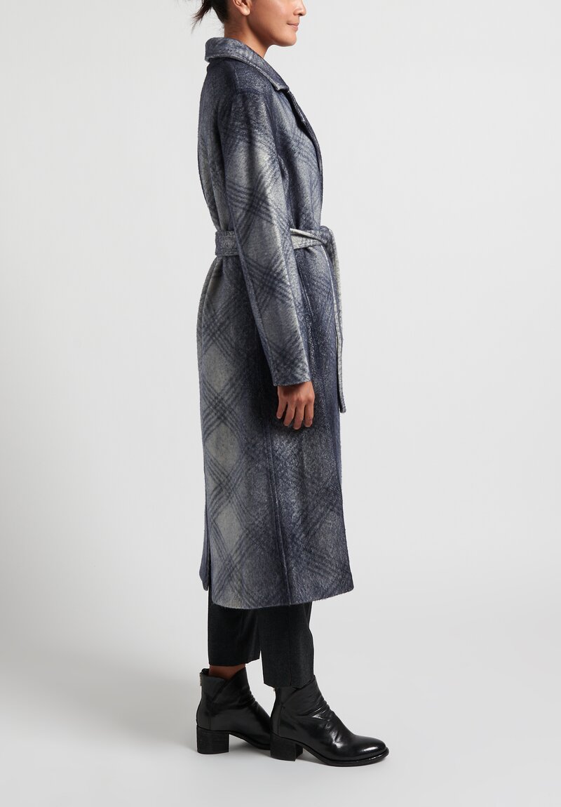 Avant Toi Wool/Cashmere Felted Checkered Coat in Blue Navy