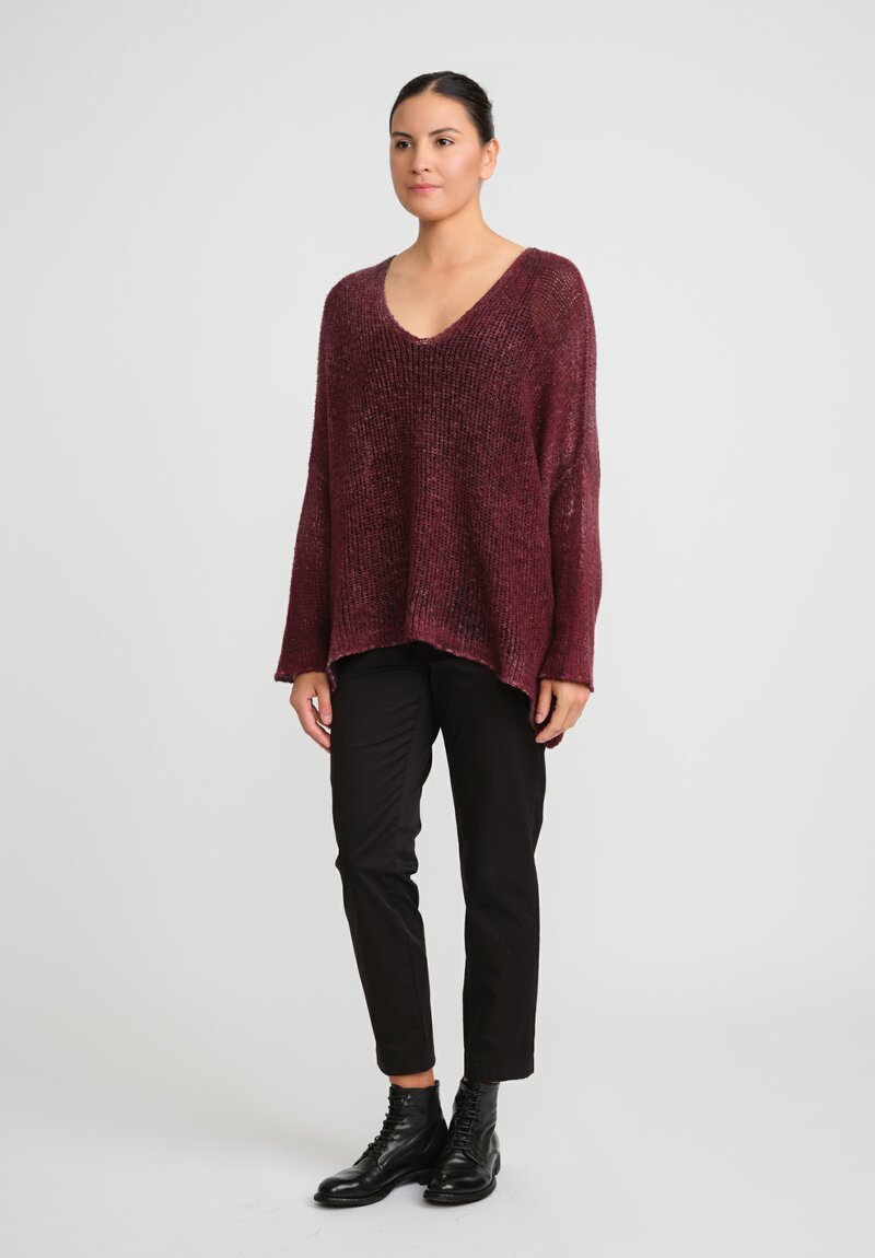 Avant Toi Hand-Painted Loose Knit V-Neck Sweater in Nero Wine Red