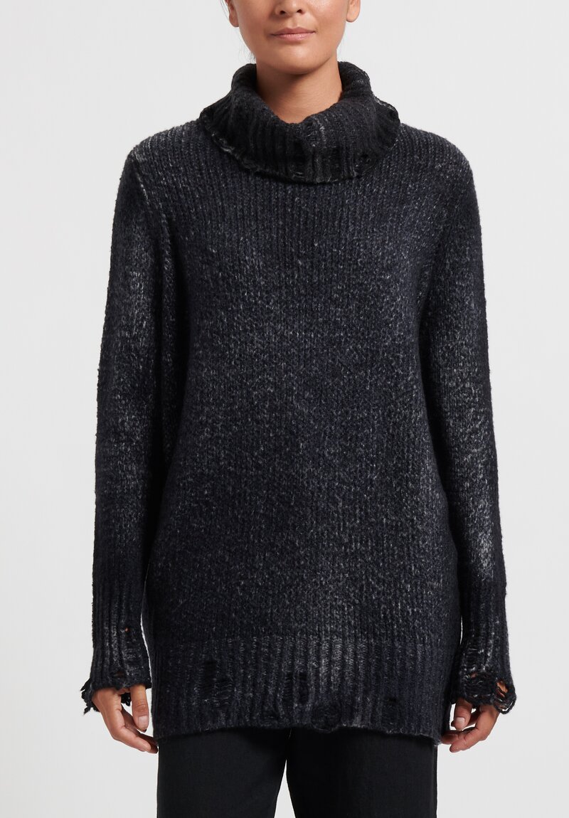Avant Toi Cashmere/Wool Distressed Cowl Neck Sweater in Nero/ Blue Navy