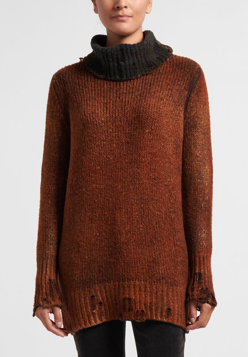 Avant Toi Distressed Cowl Neck Sweater in Nero/ Ocra Orange	