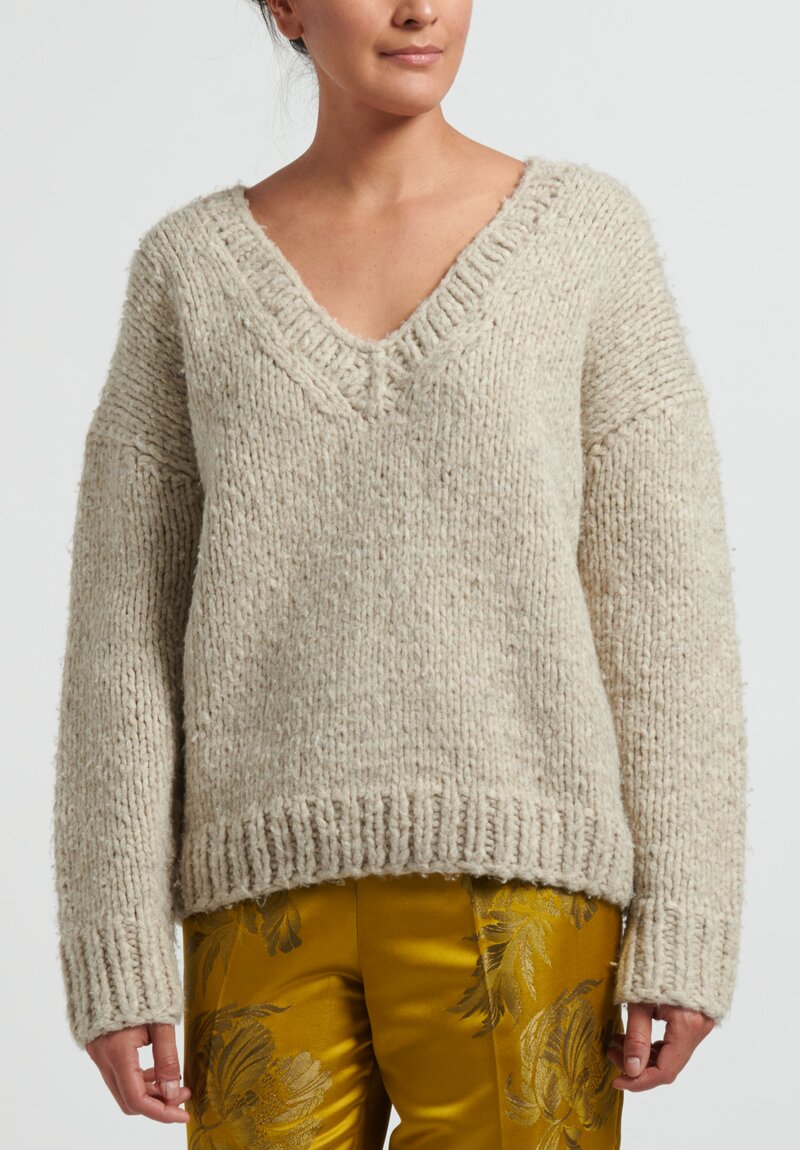 Zanini Hand-Knit Yak V-Neck Sweater in Cream White	