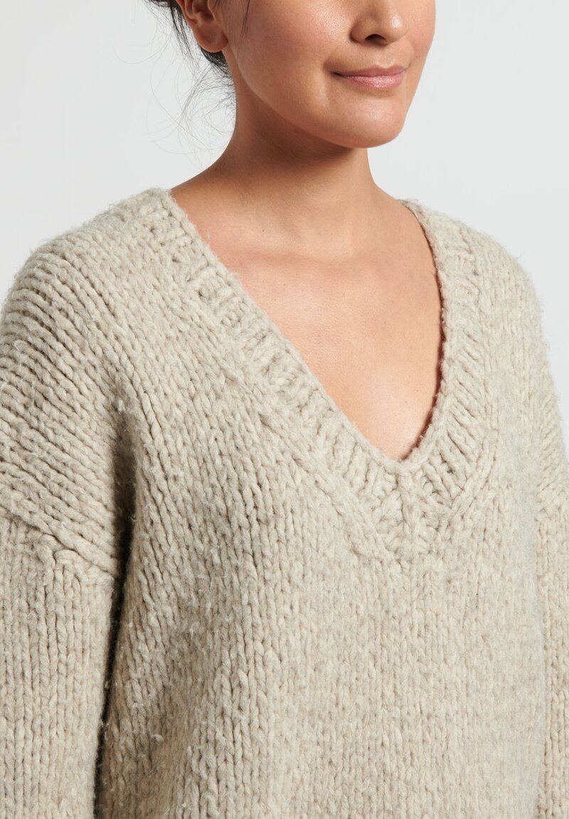 Zanini Hand-Knit Yak V-Neck Sweater in Cream White	