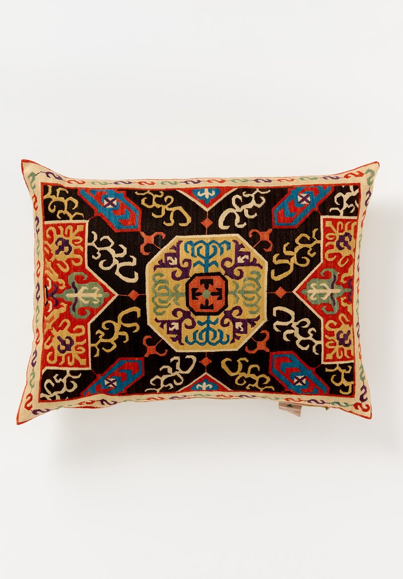 Caucasian Embroidered Karabag Motif Lumbar Pillow in Brown, Red & Blue	