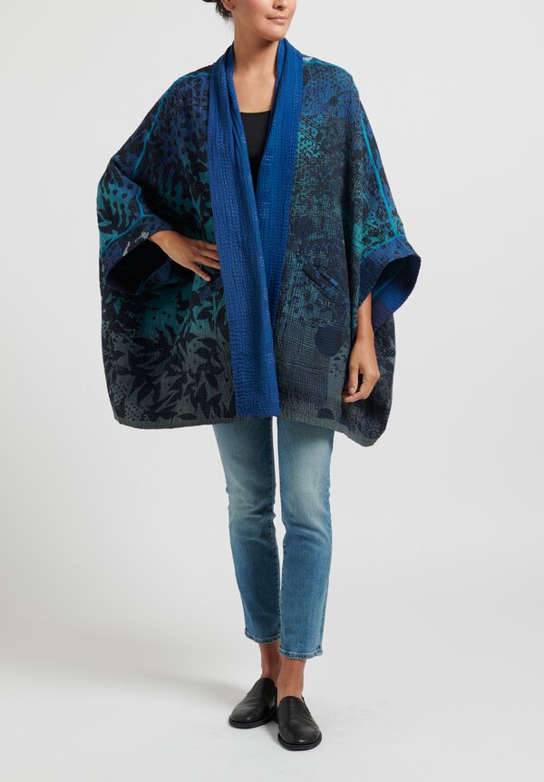 Mieko Mintz Cotton Double Collared Poncho in Turquoise & Blue	
