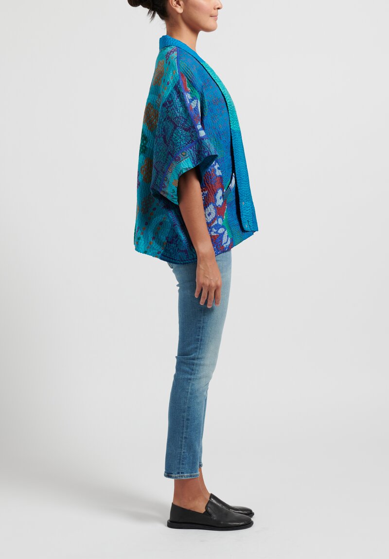 Mieko Mintz Jacquard Silk Mini Poncho in Turquoise Blue	
