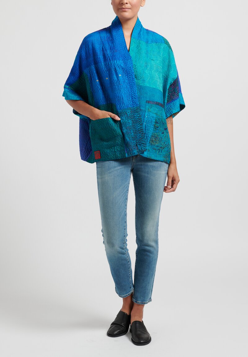 Mieko Mintz Jacquard Silk Mini Poncho in Turquoise Blue	