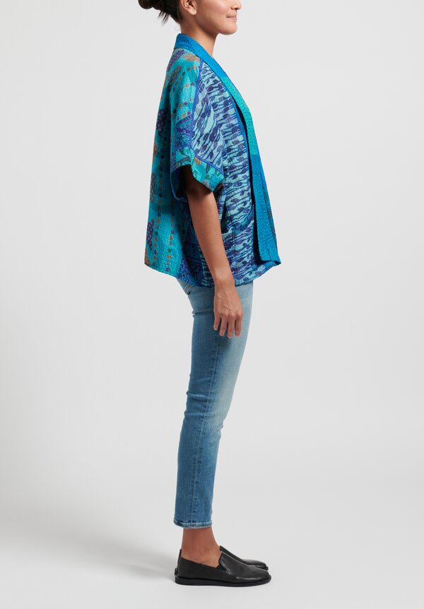 Mieko Mintz Jacquard Silk Mini Poncho in in Turquoise Blue III	