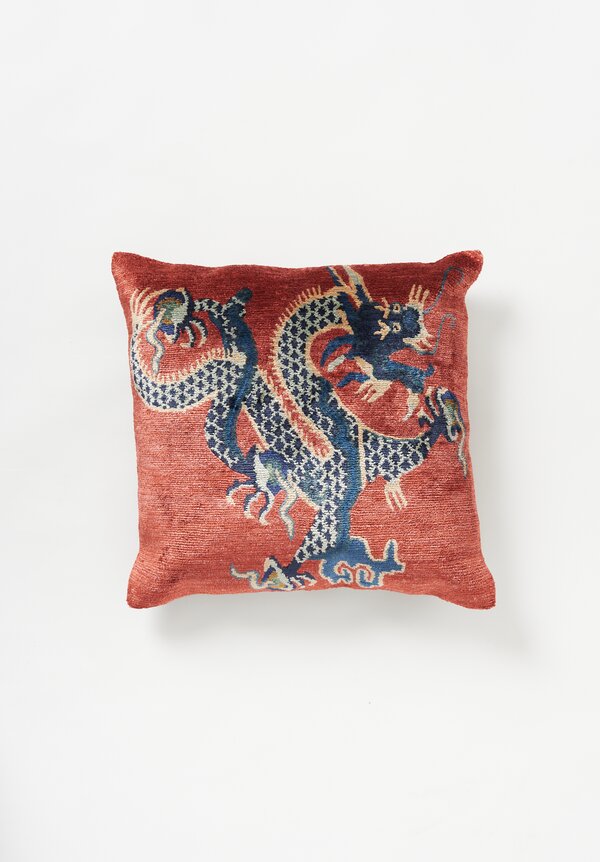 Tibet Home Bamboo Silk/ Cotton Hand Knotted & Woven Square Pillow Dragon Red II	