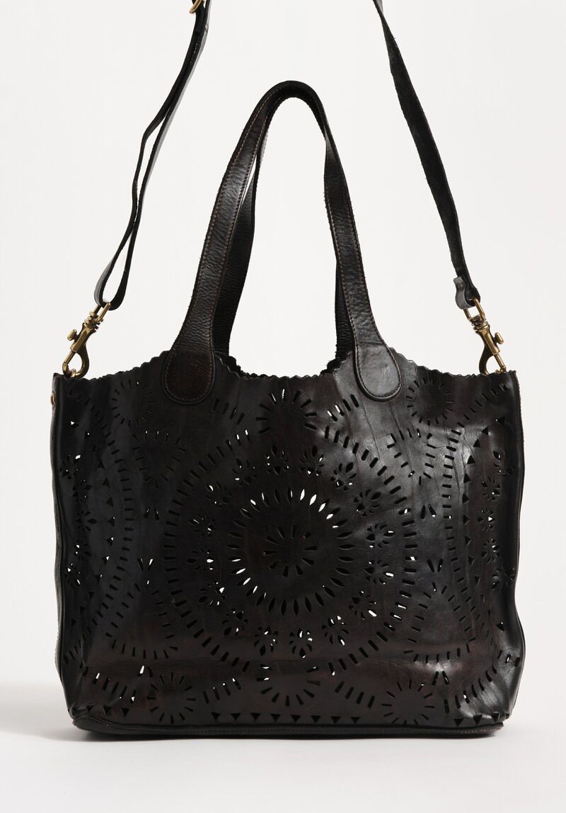 Campomaggi ''Traforo Ninfea'' Water Lily Shopping Tote in Nero Black