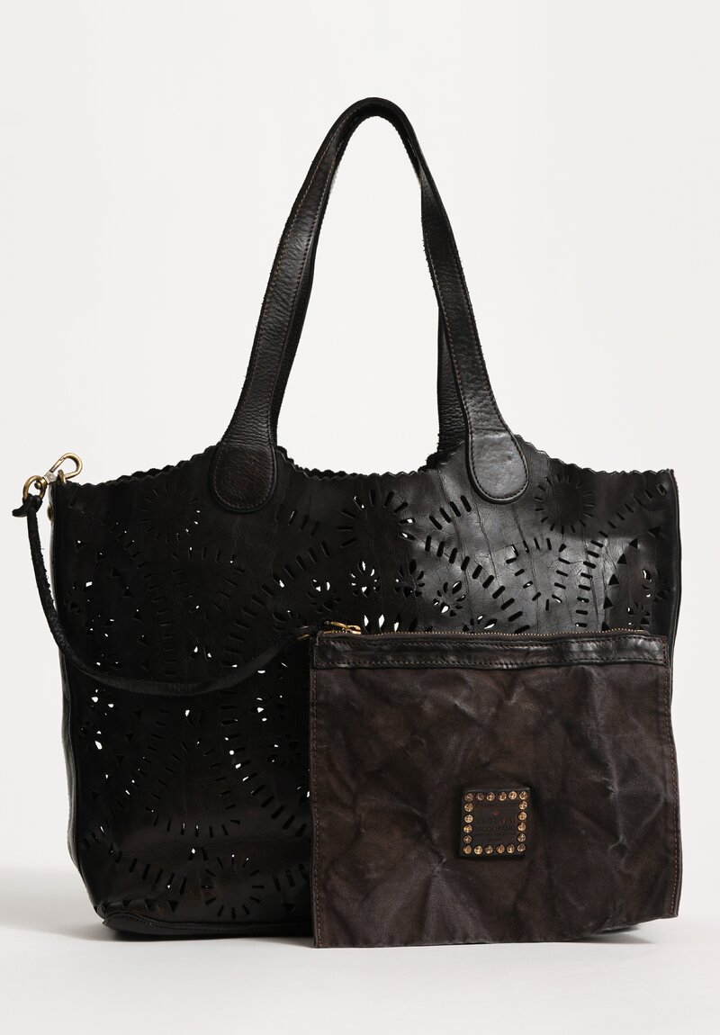 Campomaggi ''Traforo Ninfea'' Water Lily Shopping Tote in Nero Black