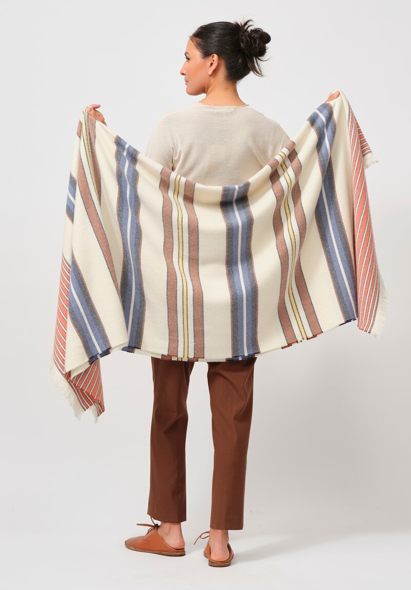 Alonpi Cashmere "Malaga" Shawl in Cream & Orange, Blue Stripe	