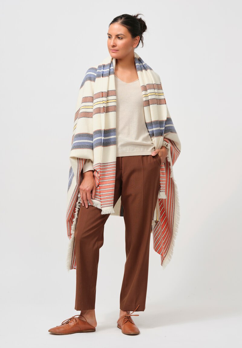 Alonpi Cashmere "Malaga" Shawl in Cream & Orange, Blue Stripe	